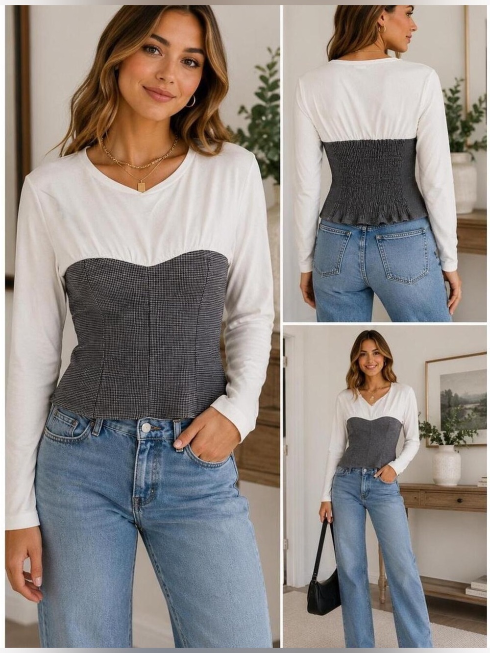 Maeve Twofer Long-Sleeve Corset Top White & Gray XXS BNWT